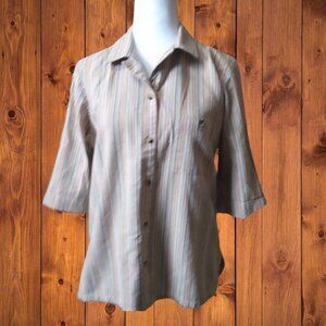 Blair Women's Small Short Roll Tab Sleeve Striped Button Front Collared Blouse